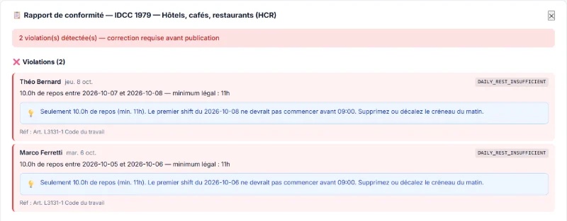 Rapport de conformité de la convention HCR : deux repos quotidiens insuffisants, chacun avec une suggestion de correction