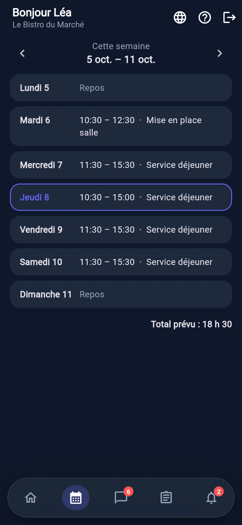 Planning de la semaine dans l’app : un service par jour, jours de repos et total d’heures prévu
