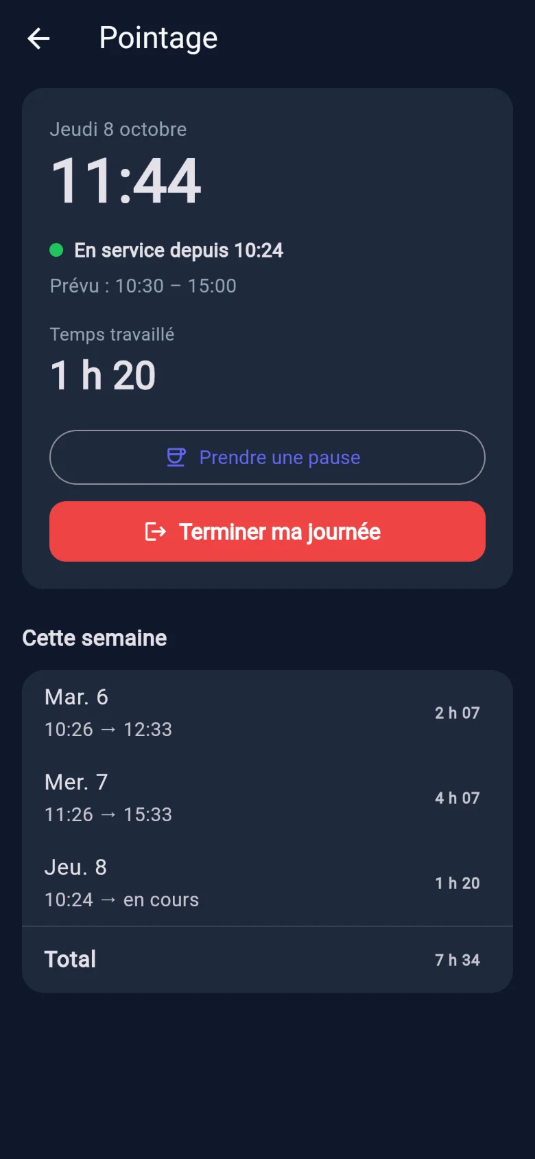 App salarié : pointage en cours, temps travaillé et bouton pour prendre une pause